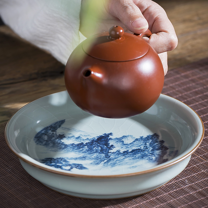 水悟空间柴窑手绘青花汝窑壶乘茶托配件储水茶承壶托壶垫冰裂纹