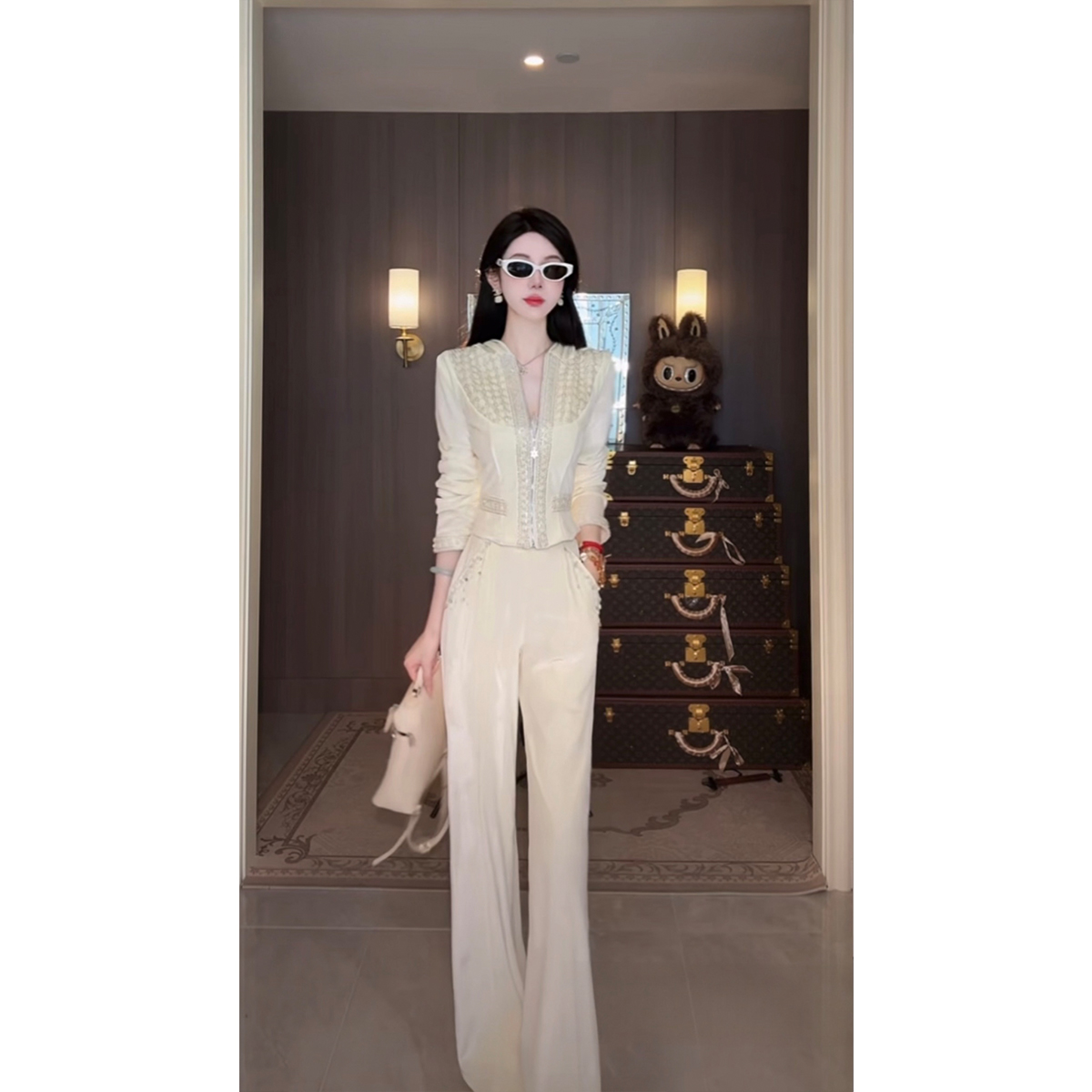 Sun雅乔 秋冬时尚运动休闲连帽修身卫衣外套阔腿裤丝绒两件套装女 - 图2