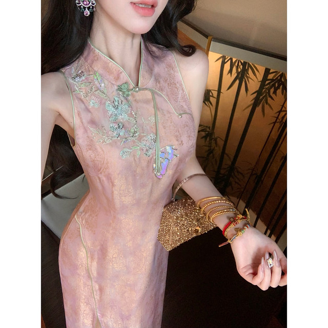 Sun Yaqiao Four Seasons Spring and Summer Sleeveless Dress Beaded Embroidery New Chinese Style National Style Dress Rayon Cheongsam