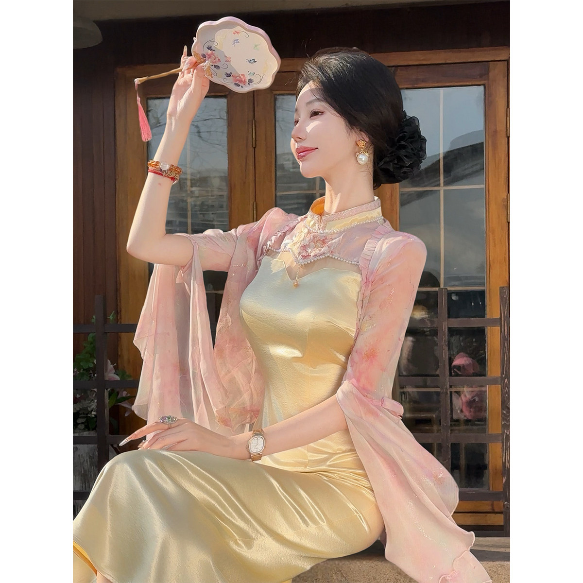 雅乔【出水芙蓉外披】夏季法式长袖修身喇叭水袖印花雪纺防晒开衫,淘宝优惠券,粉丝福利购,淘宝优惠卷