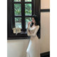 Sun Yaqiao Slim Beauty Autumn and Winter Pink and White V-Neck Long-Sleeved Knitted Dress Slim-fitting A-Line Long Skirt