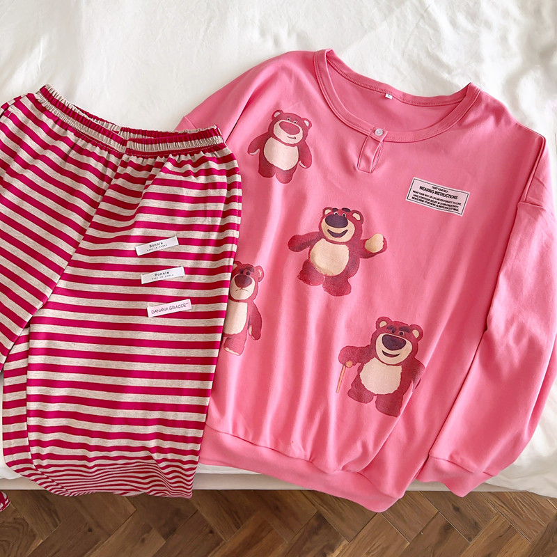 草莓熊卡通睡衣女春秋季纯棉长袖家居服束脚条纹长裤网红可爱套装,淘宝优惠券,粉丝福利购,淘宝优惠卷