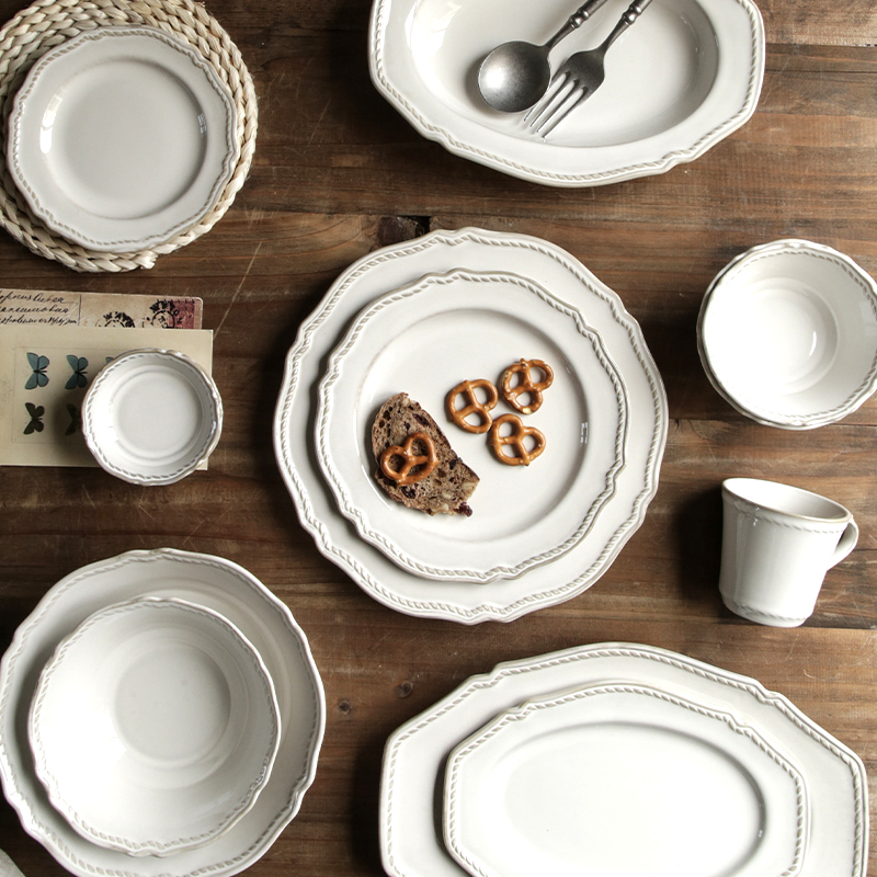法式复古风浮雕陶瓷餐盘欧式餐具西餐盘牛排圆盘汤盘家用碗盘套装 - 图0