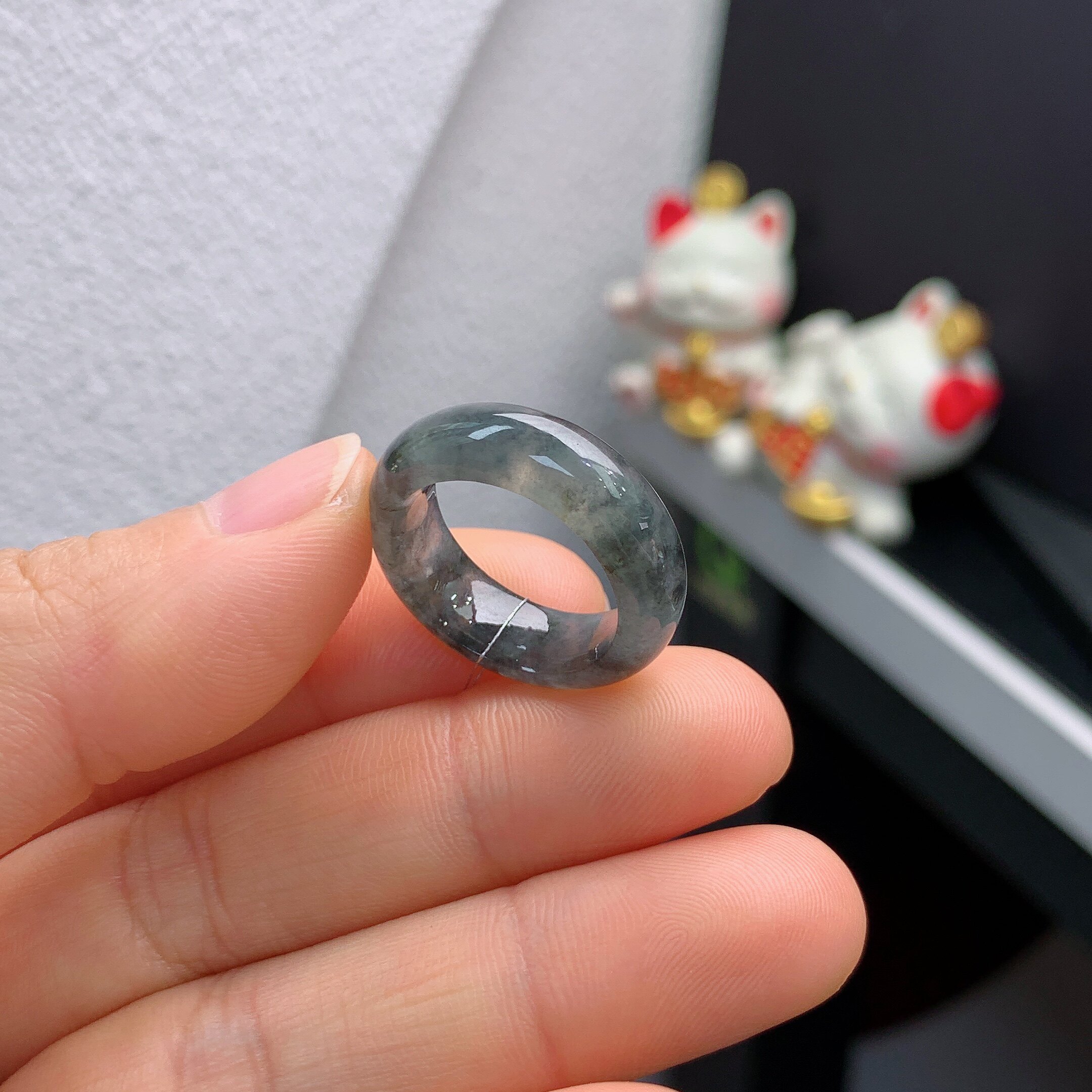 13 circle mouth Burmese natural jade A grade cold black chicken ring A723#