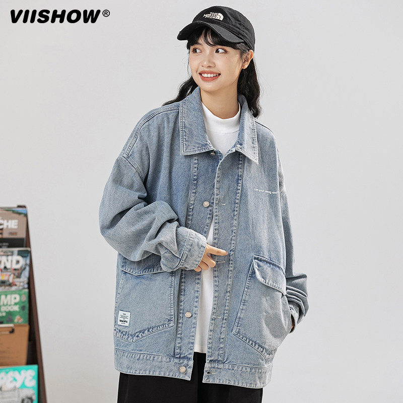 VIISHOW男装潮牌2024秋季新款复古高街潮牌宽松情侣牛仔夹克外套,淘宝优惠券,粉丝福利购,淘宝优惠卷