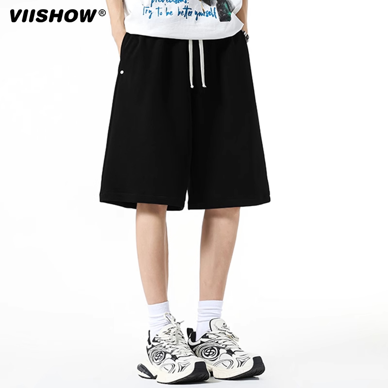 VIISHOW夏季潮牌松紧腰休闲短裤男简约美式运动宽松直筒五分卫裤 - 图3