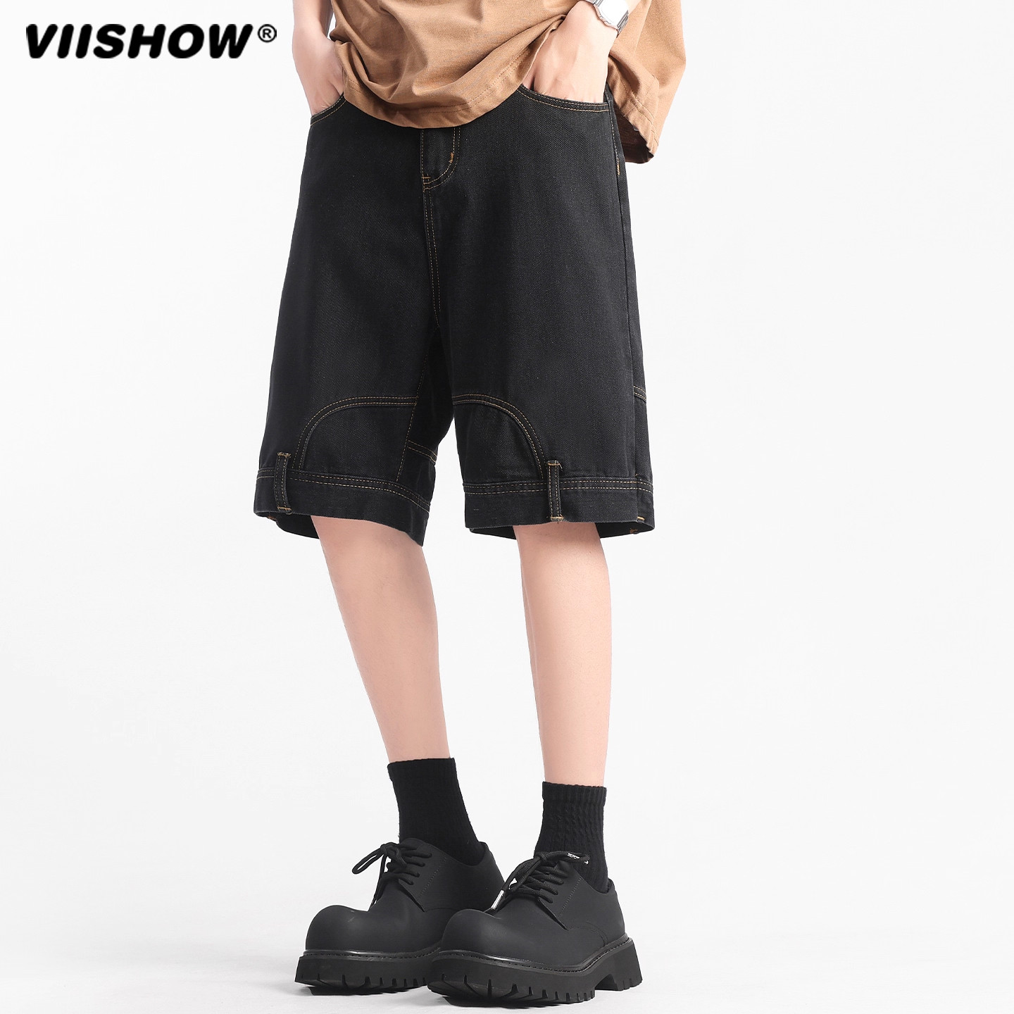 VIISHOW2025夏季新款美式水洗复古牛仔短裤男宽松直筒休闲中裤潮,淘宝优惠券,粉丝福利购,淘宝优惠卷