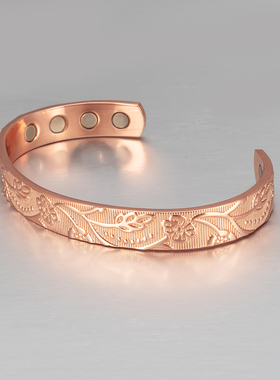 梅花图案纯铜磁性手镯女款，含8个磁铁复古可调节时尚珠宝首饰