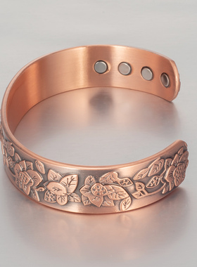 女士男士磁性铜手镯，纯红铜复古风格花朵可调节手链，铜珠宝礼物