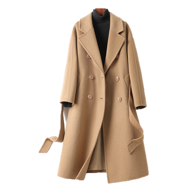 羊毛大衣女士中长款系带双排扣驼色双面呢秋冬新款高级感毛呢外套