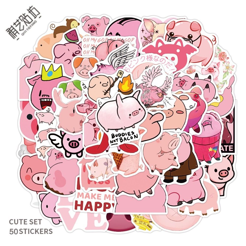 50张卡通可爱粉色小猪涂鸦贴纸装饰摩托车行李箱防水贴纸外贸批发,淘宝优惠券,粉丝福利购,淘宝优惠卷
