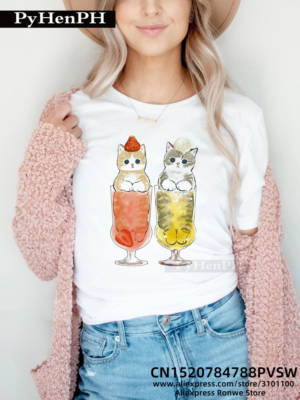 Fruits Cats T shirt新款水果猫咪印花黑色短袖T恤上衣男女体恤-图3