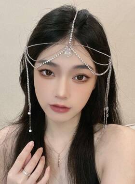 仙女水晶眉心坠精灵异域风情发饰 古风汉服流苏面帘婚纱额饰头链
