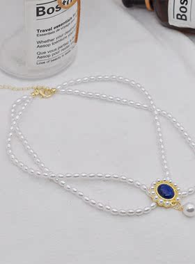 韩版双层蓝宝石水滴颈链手工珍珠
