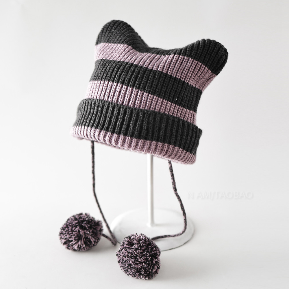 条纹拼色毛球绑带针织帽女时尚甜美可爱百搭保暖护耳显脸小毛线帽,淘宝优惠券,粉丝福利购,淘宝优惠卷