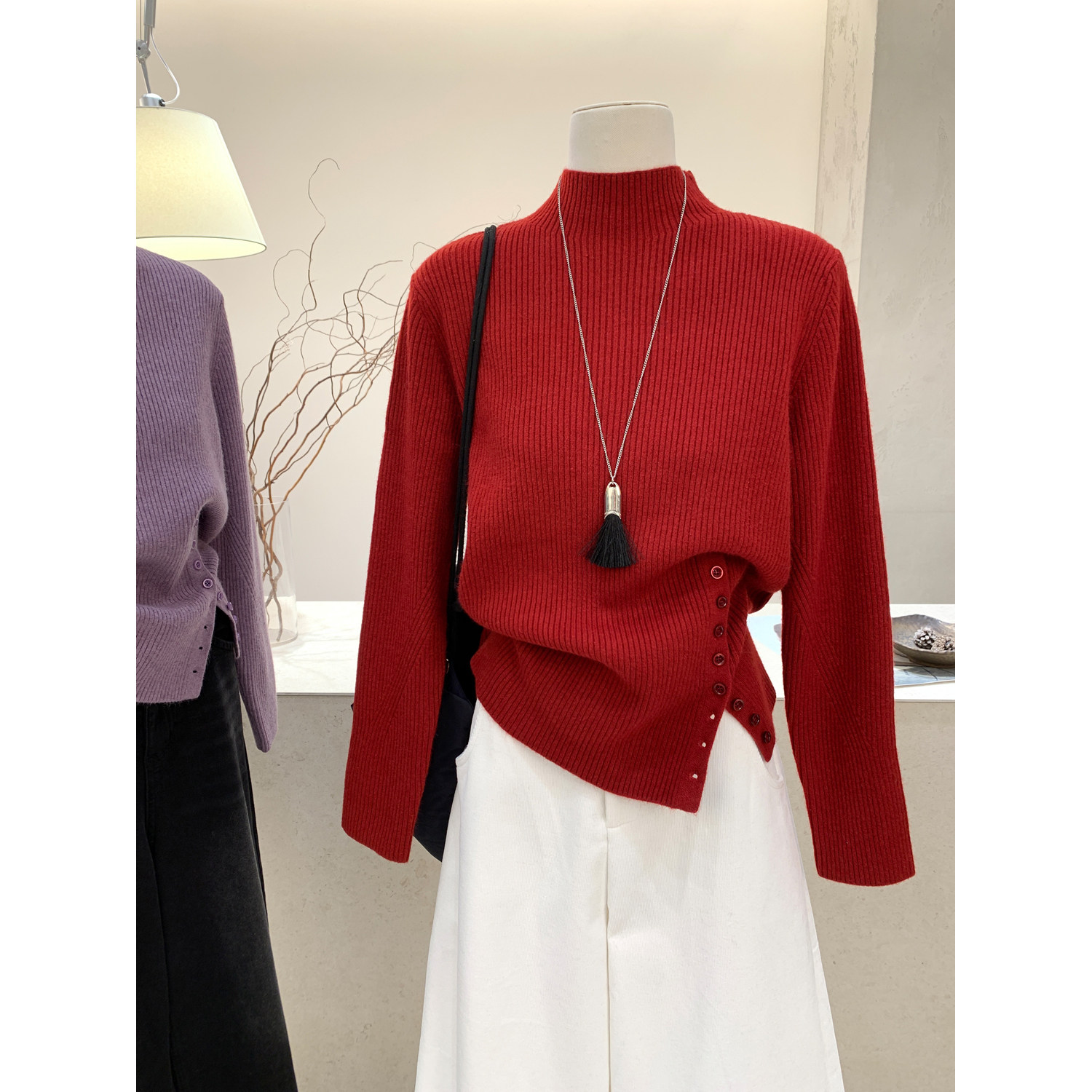 小哲 韩系简约坑条半高领长袖针织衫女秋冬高级感修身显瘦打底衫,淘宝优惠券,粉丝福利购,淘宝优惠卷