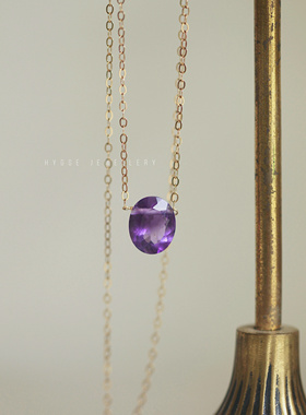 日系小巧精致款颈间一颗天然石紫水晶绿玉髓吊坠项链美国14k注金