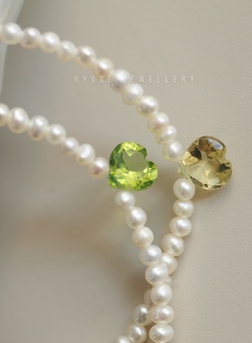 天然半宝石钻石切爱心珍珠项链