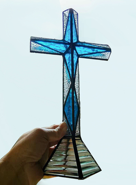 色彩家居玻璃十字星架摆件新品彩色玻璃家居装饰复古立体定制