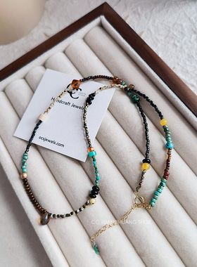 串珠项链彩色天然石小众复古进口珠绿松石锁骨链钛钢五金不掉色