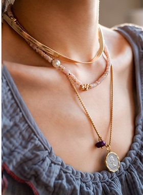 法式复古女王头像长项链vintage叠戴项链轻奢小众古币吊坠不掉色