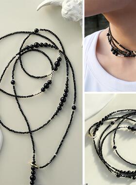 黑玛瑙串珠项链极细fever同款小众轻奢毛衣链原创叠戴长项链925银