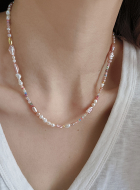 天然珍珠项链马卡龙色新款巴洛克不规则珍珠锁骨链百搭颈链不掉色