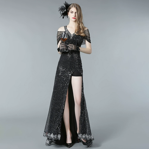 Сексуальные акриловые блестки для ногтей, черное вечернее платье, коллекция 2022, V-образный вырез, с открытой спиной