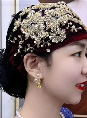 洋气百搭新款凤尾花盘花帽妈妈时尚头巾束发帽遮白发蕾丝包头帽女