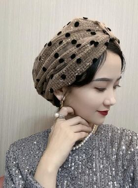 新款百搭波点网纱蝴蝶结双层休闲气质百搭回族修饰脸型女包头帽