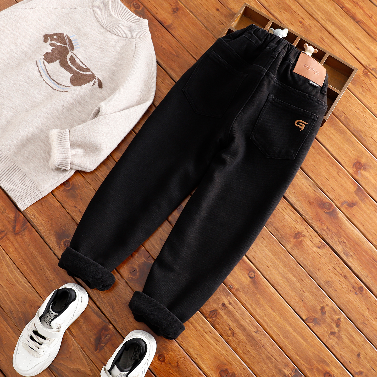 男童黑色加绒牛仔裤中大童窄版老爹裤儿童不宽不瘦软牛仔小脚裤 - 图0