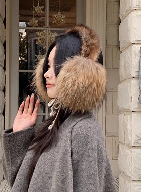 貉子毛配青根貂水貂保暖防寒耳包女暖耳高级感真皮毛柔软细带耳罩