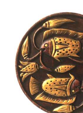 圆形莲年有鱼实木做旧创意摆设