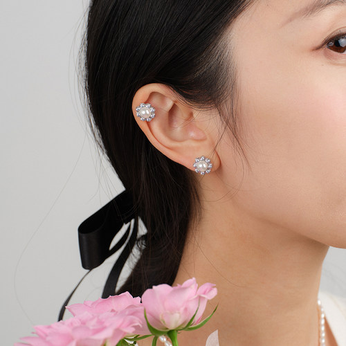 LLab s925银法式精致满钻花朵珍珠耳钉复古少女百搭耳环 - 图2
