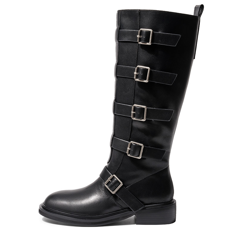2025冬季新款牛皮靴子女骑士靴真皮韩版皮带扣一脚蹬韩版中筒靴女,淘宝优惠券,粉丝福利购,淘宝优惠卷