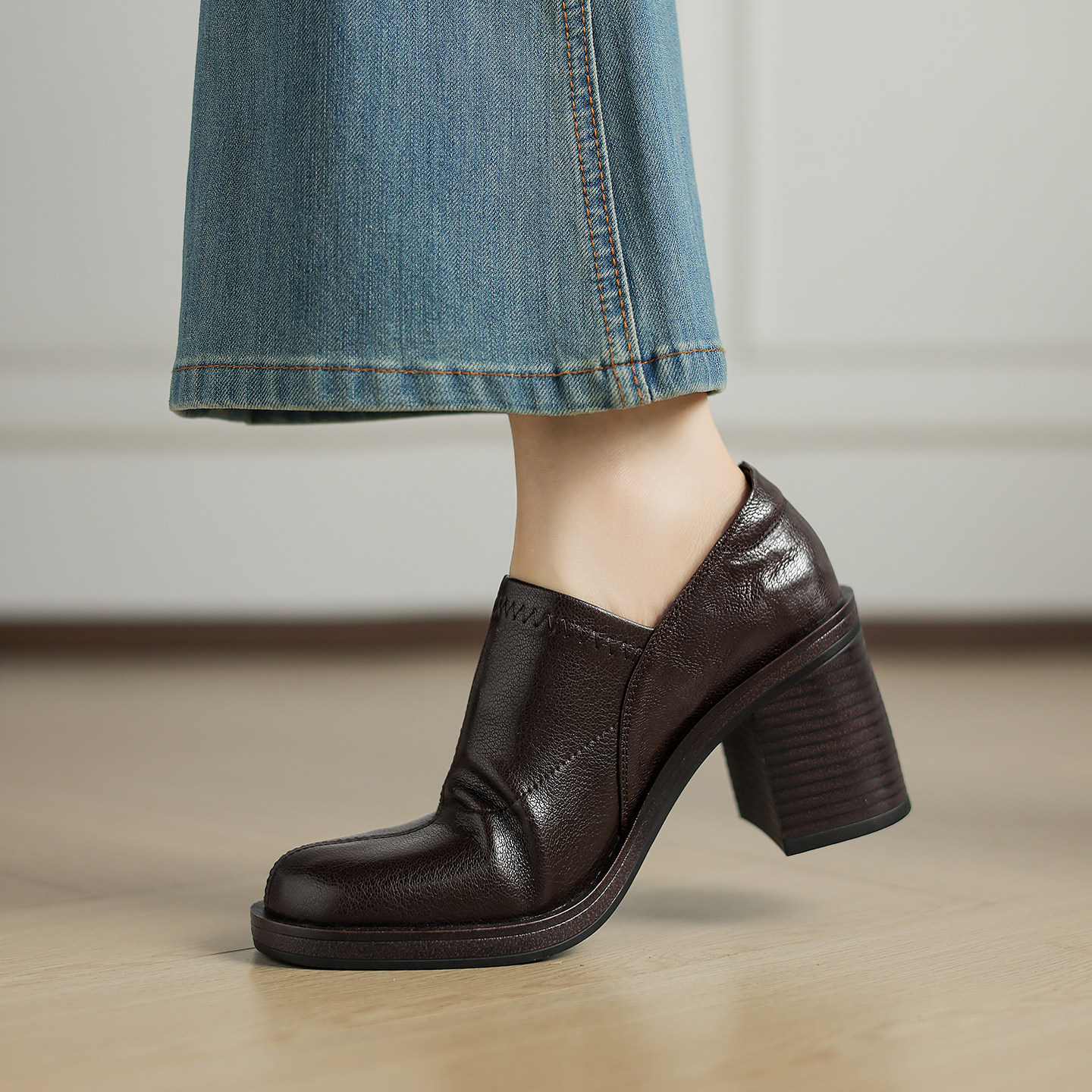 巨软8cm黑色头层羊皮深口圆头小皮鞋厚底粗跟深口单鞋女士高跟鞋,淘宝优惠券,粉丝福利购,淘宝优惠卷