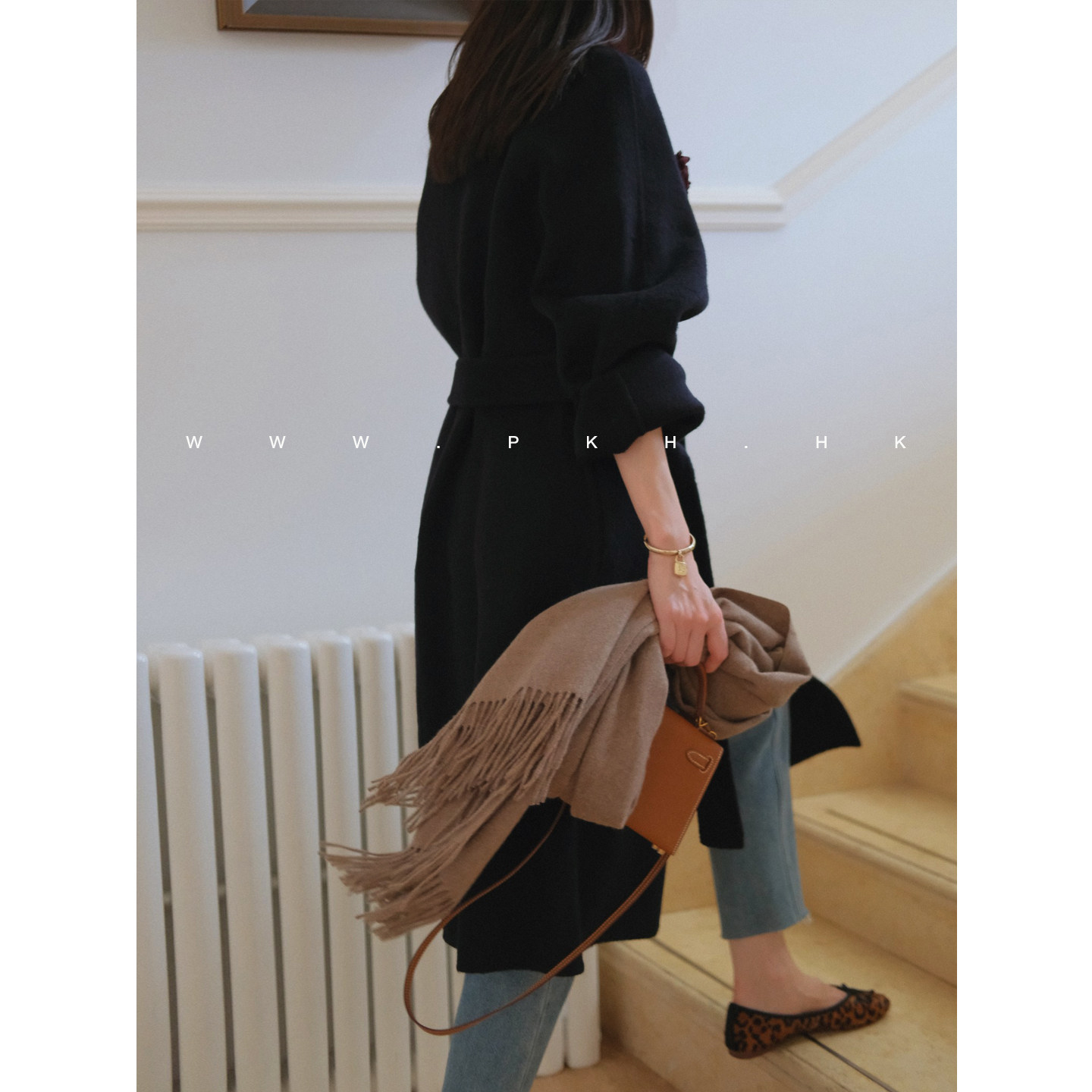 PKH.HK特2025冬新气质剪裁利落通勤配腰带中长双面羊毛呢大衣外套 - 图2