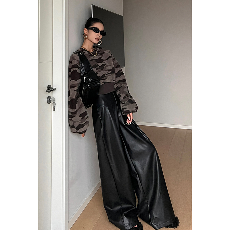 CIZZLEMORE pu皮裤女秋冬高腰显瘦小众烟管裤黑色拼接休闲阔腿裤,淘宝优惠券,粉丝福利购,淘宝优惠卷