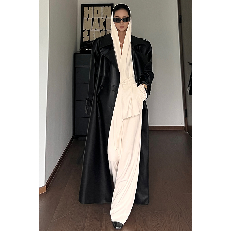 CIZZLEMORE重工皮衣中长款欧美辣妹设计感风衣外套女PU皮过膝大衣,淘宝优惠券,粉丝福利购,淘宝优惠卷