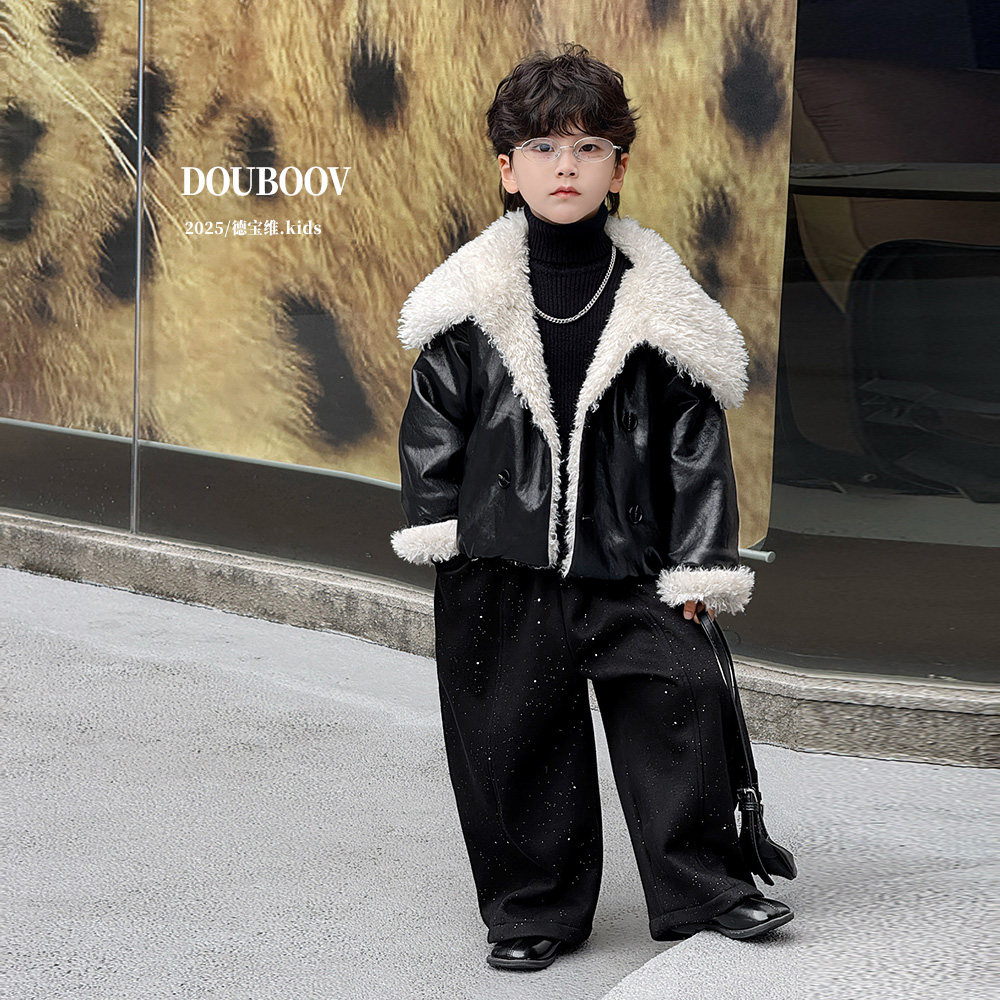 男童羊羔绒外套2025秋冬新款儿童翻领皮衣男孩加绒复古帅气夹克潮,淘宝优惠券,粉丝福利购,淘宝优惠卷