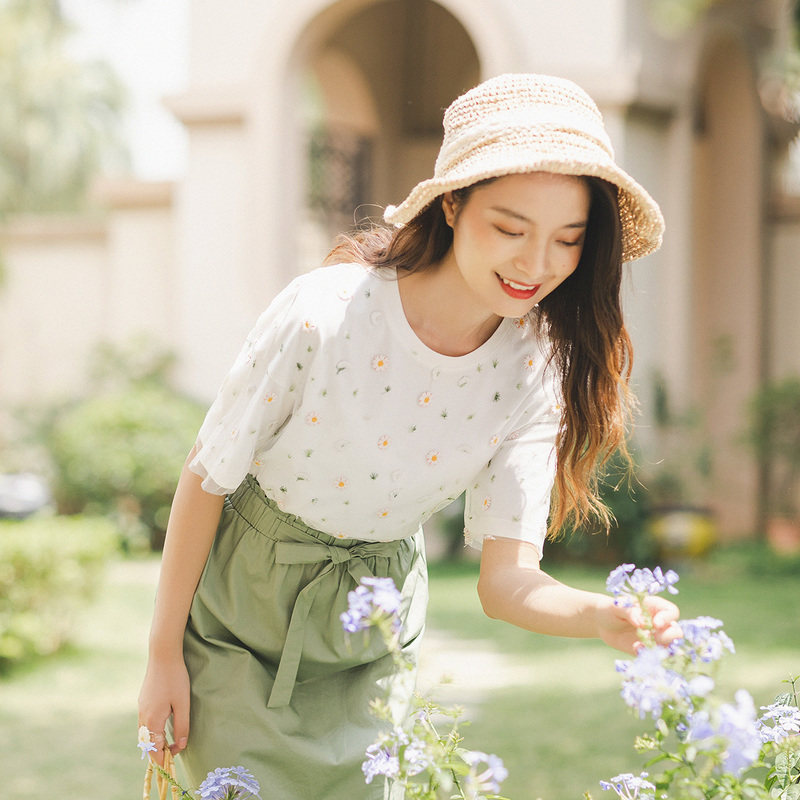 茵曼短袖2020年新款女刺绣宽松t恤 茵曼翰飞T恤