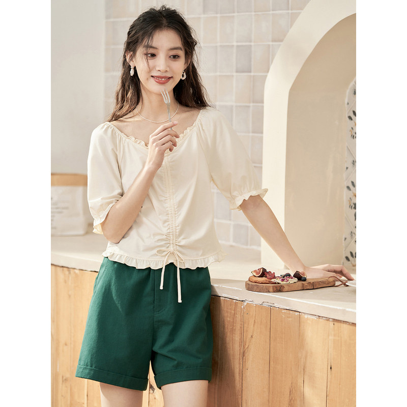 茵曼法式气质v领荷叶边2023 t恤 茵曼筱茵T恤