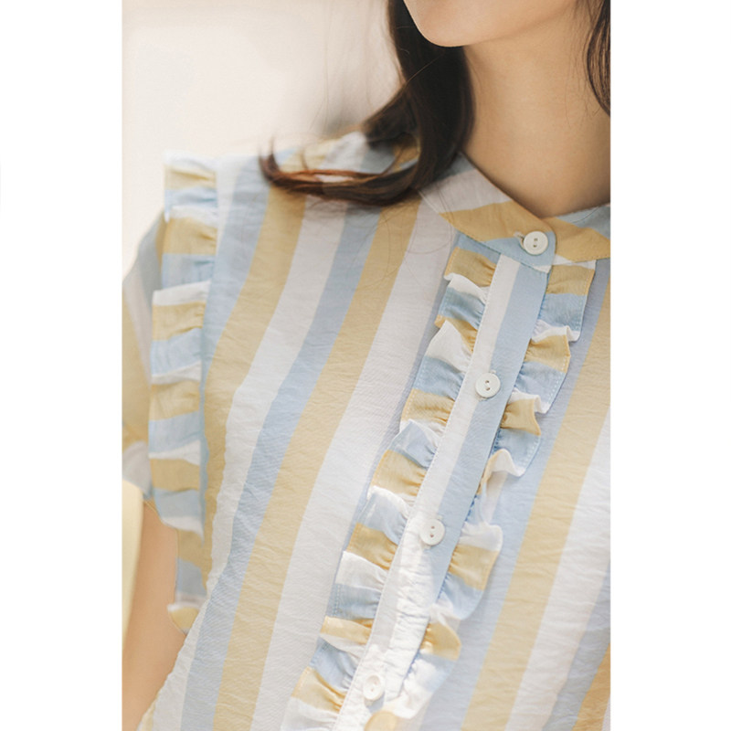 茵曼旗舰店花瓣袖短袖条纹女衬衫 茵曼田田极客T恤