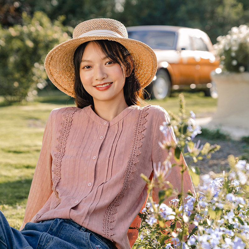 茵曼长袖设计感甜美蕾丝2020风衬衫 茵曼筱茵衬衫