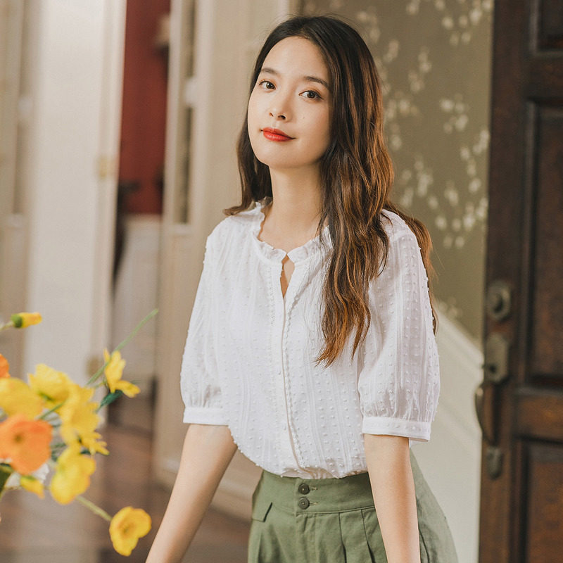 茵曼木耳边女士外穿百搭纯棉白衬衫 茵曼翰飞衬衫