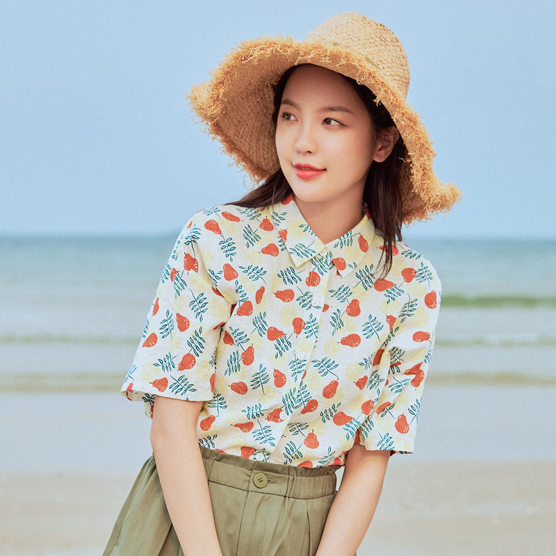 茵曼旗舰店官方半袖女士碎花衬衣 茵曼翰飞衬衫