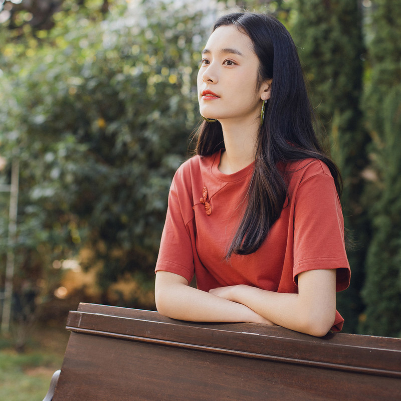 茵曼旗舰店盘扣上衣国潮中国风短袖 茵曼翰飞T恤