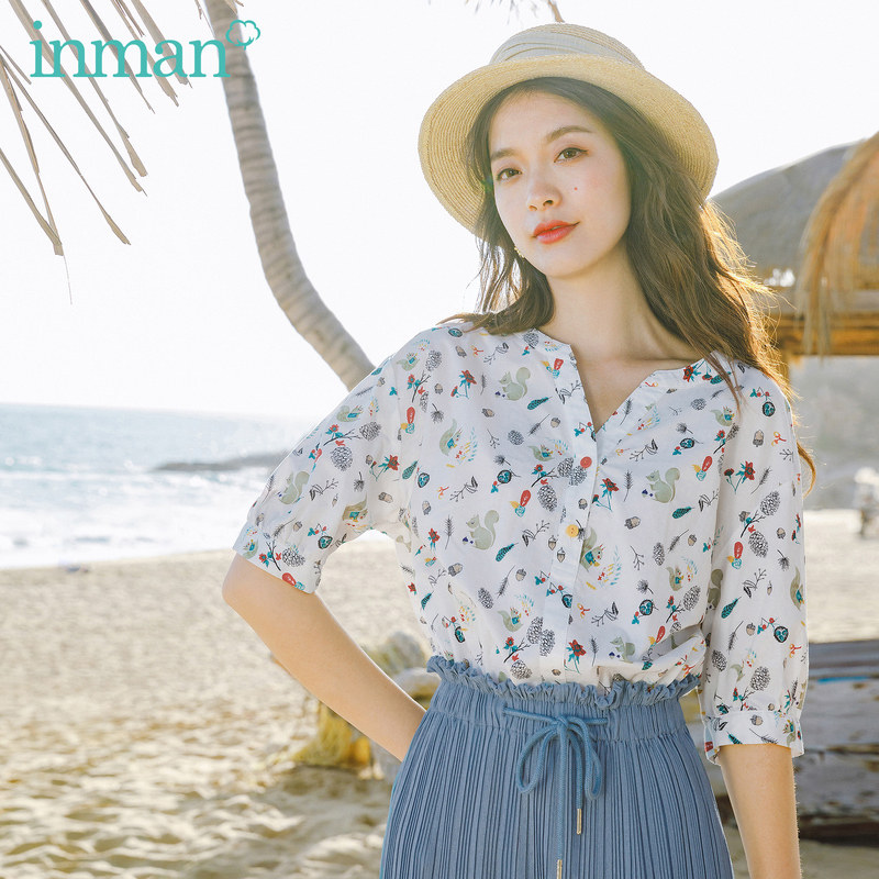 茵曼夏季中袖碎花设计感小众白衬衫 茵曼翰飞衬衫