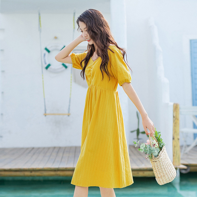 茵曼旗舰店2020夏装新方领公主裙 茵曼筱茵连衣裙