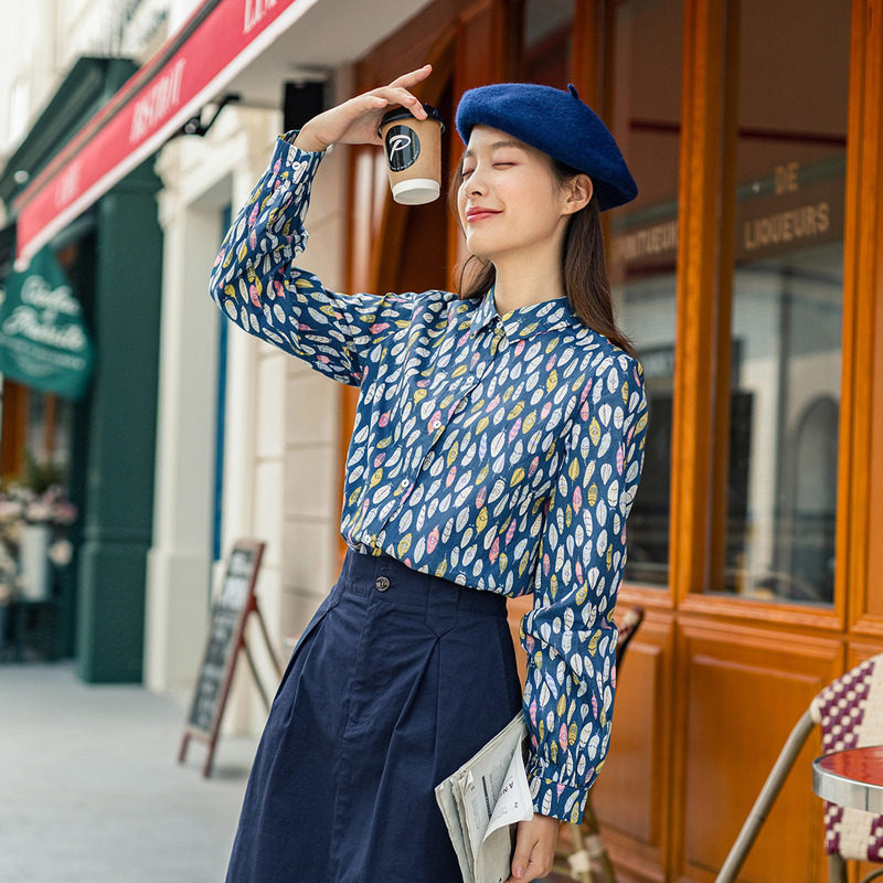 茵曼旗舰店长袖碎花复古港风花衬衫 茵曼筱茵衬衫